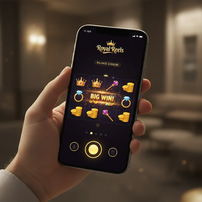 Royal Reels mobile interface — responsive display via mobile browser on smartphone