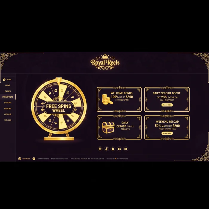 Royal Reels bonus page — welcome package, wagering requirements and promo code entry