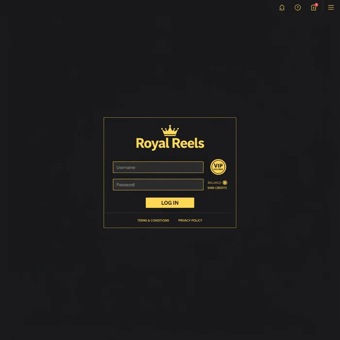Royal Reels login screen — email field, password field and 2FA option